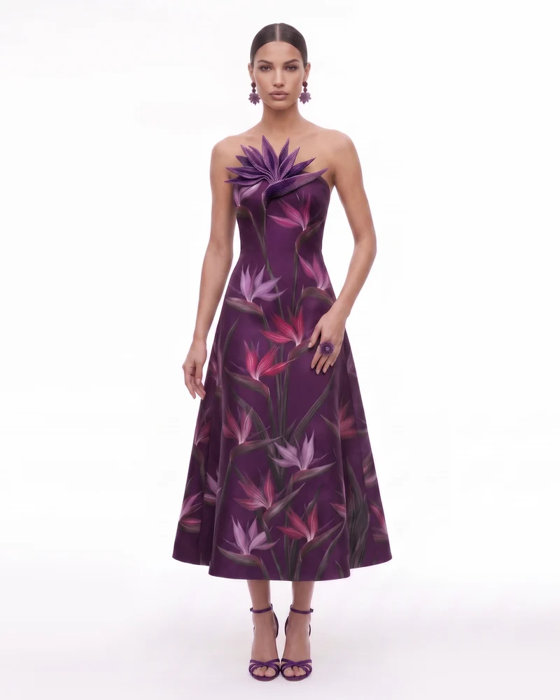 Trägerloses A-Linien-Midikleid mit Paradiesvogel-Applikation - Dunkelviolett