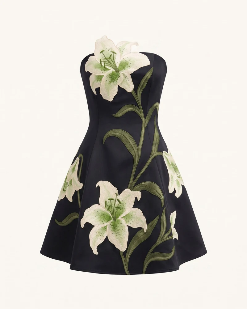 Lily Trägerloses A-Linien-Minikleid mit Blumenmuster - Schwarz