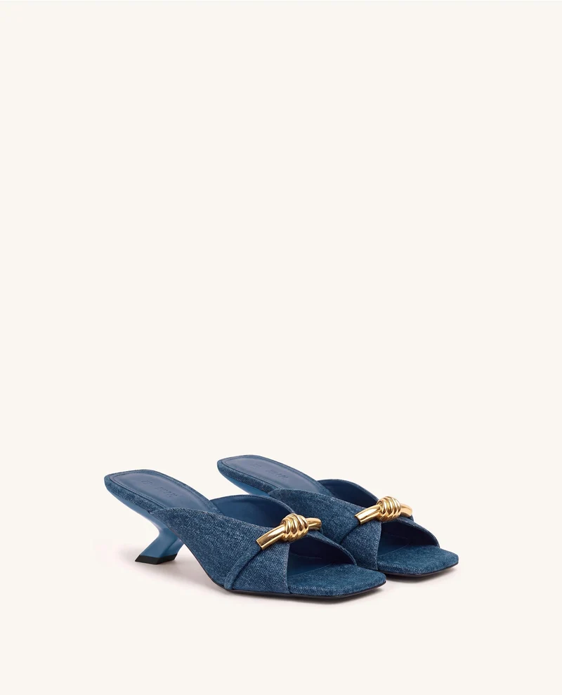 Lena Denim-Sandaletten mit Metall-Knotenriemen – Denim-Blau