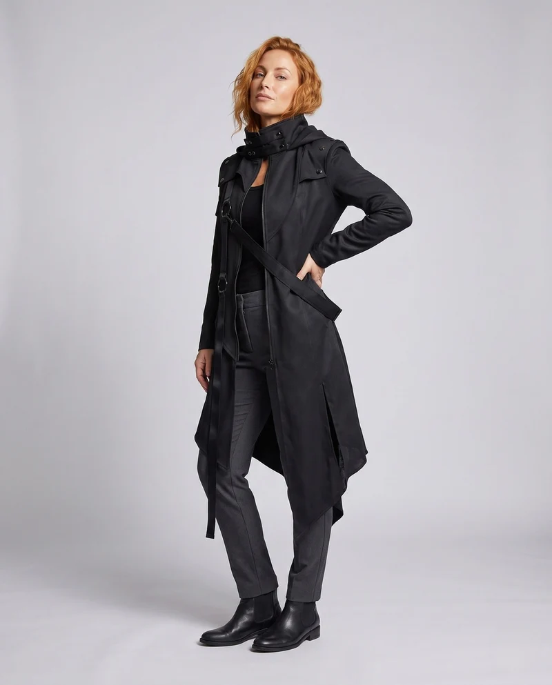 Damen asymmetrischer Kapuzenmantel mit modischen Details und praktischen Taschen Nord Taschen