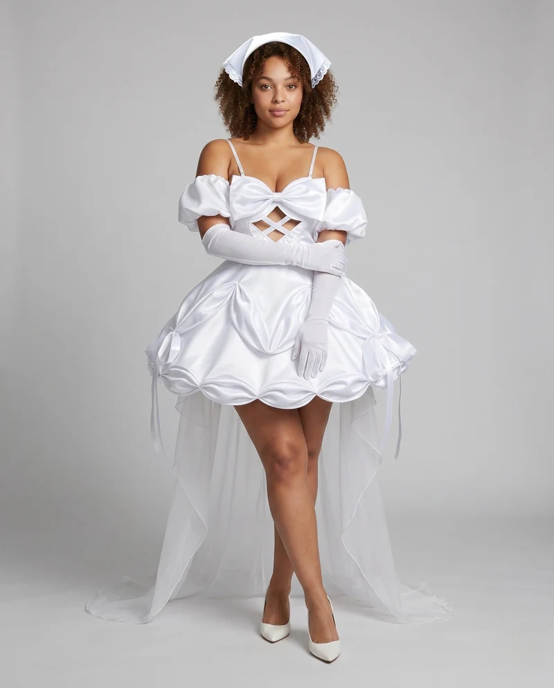 Damen Hochzeits-Cosplay-Kleid mit Ärmelapplikationen und aufwendigen Rüschen Nord Taschen