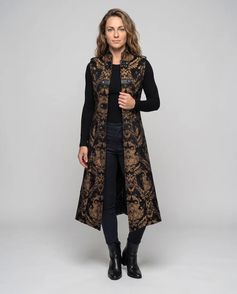 Damen elegante lange Robe mit aufwändigem Muster und hohem Kragen Nord Taschen