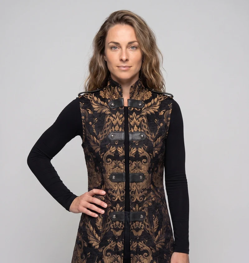 Damen elegante lange Robe mit aufwändigem Muster und hohem Kragen Nord Taschen
