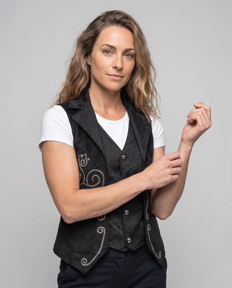 Damen elegantes Satinwest mit floralem Muster und praktischen Taschen Nord Taschen