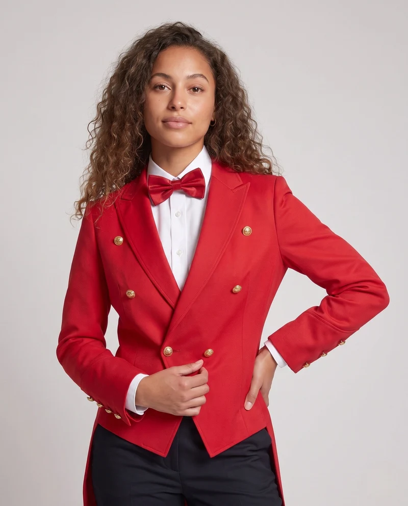 Damen eleganter Frack mit aufwendigen Knopfdetails und passendem Fliegen-Nord Taschen