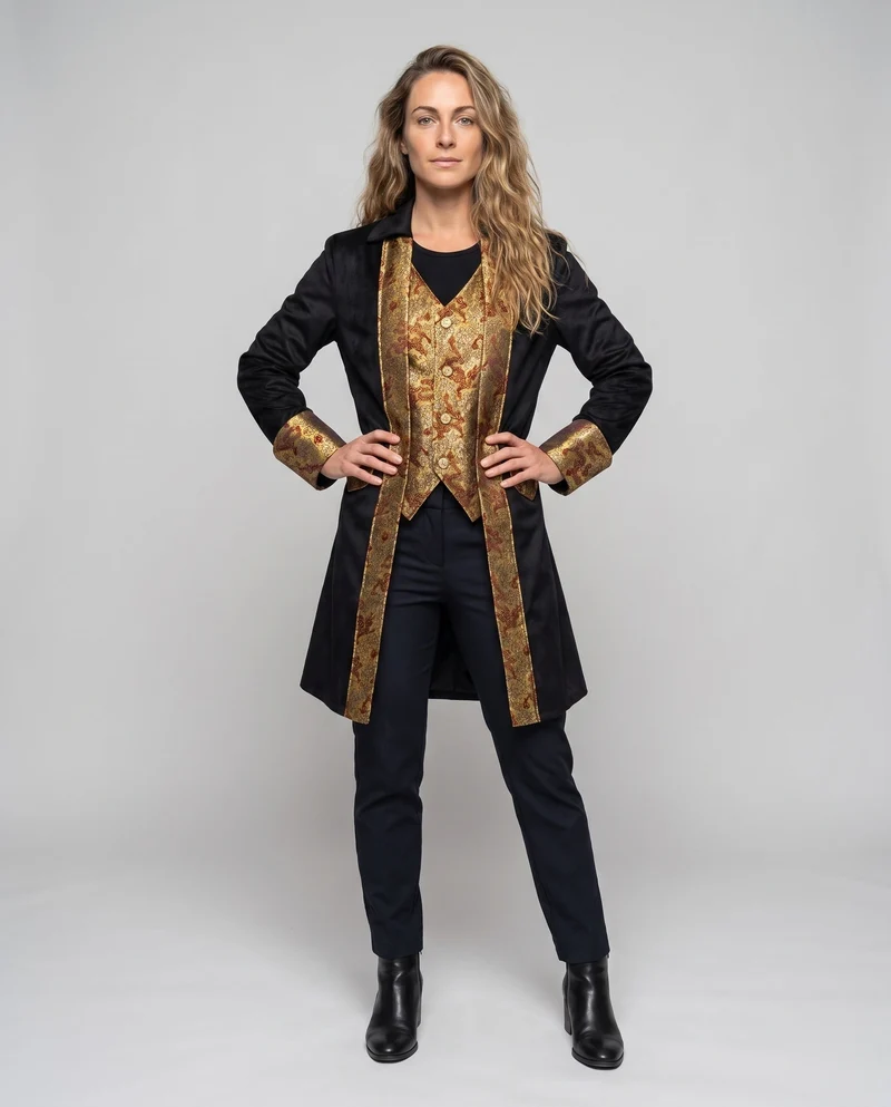 Damen eleganter Frack mit aufwendigen Verzierungen und goldenen Akzenten Nord Taschen