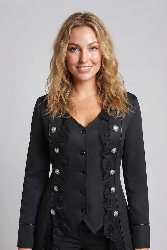 Damen elegante Frack mit Spitze Akzenten und dekorativem Knopfverschluss Nord Taschen