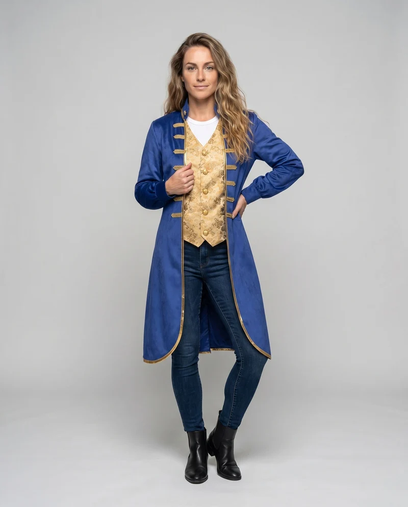 Frauen eleganter historischer Frack mit kunstvollen Verzierungen und goldenen Akzenten Nord Taschen