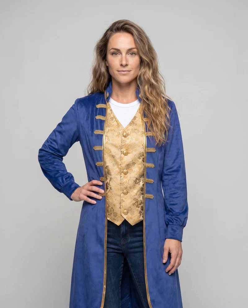 Frauen eleganter historischer Frack mit kunstvollen Verzierungen und goldenen Akzenten Nord Taschen