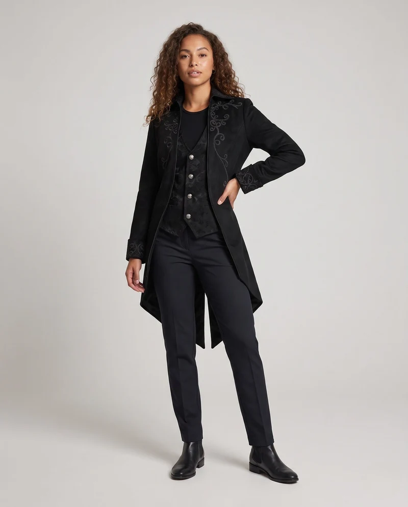 Damen elegante Stehkragenfrack mit aufwendigen Verzierungen und asymmetrischem Saum Nord Taschen