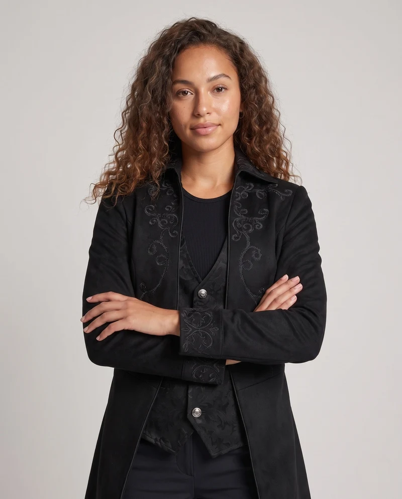 Damen elegante Stehkragenfrack mit aufwendigen Verzierungen und asymmetrischem Saum Nord Taschen