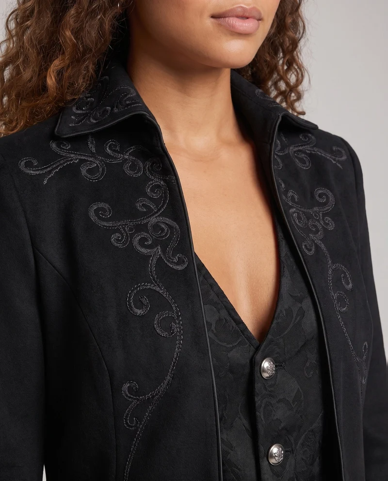 Damen elegante Stehkragenfrack mit aufwendigen Verzierungen und asymmetrischem Saum Nord Taschen