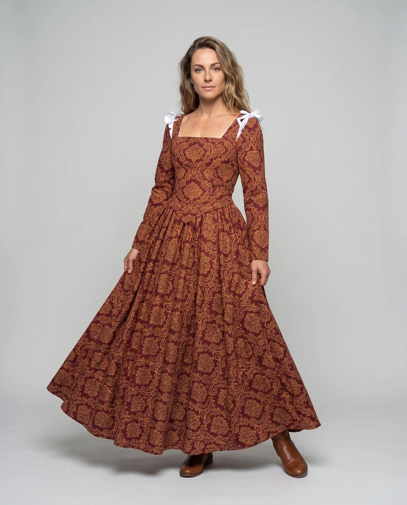Damen Elegantes Maxikleid mit Barockmuster und langen Ärmeln Nord Taschen