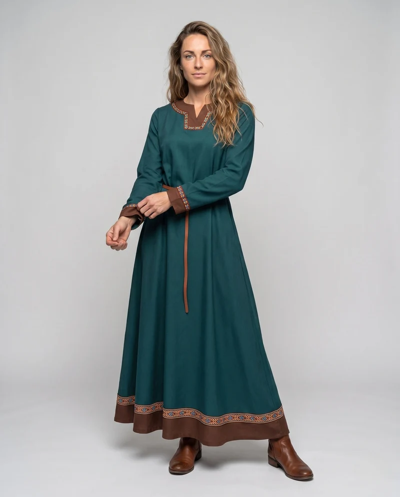 Damen elegantes Maxikleid mit ethnischen Verzierungen und Bindegürtel Nord Taschen