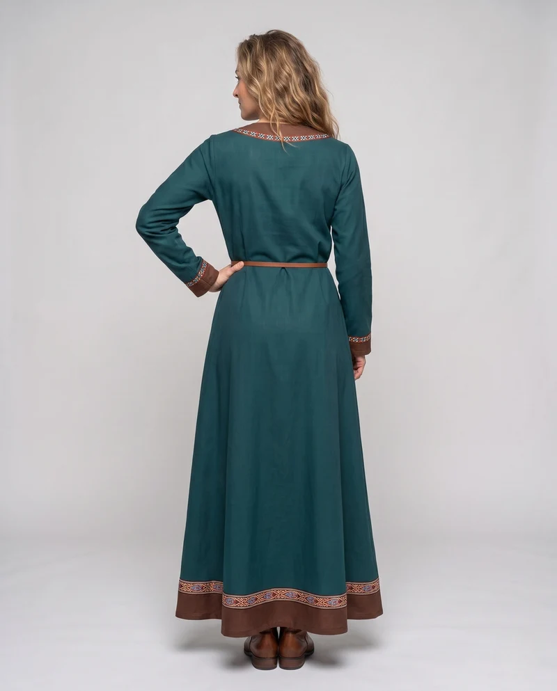Damen elegantes Maxikleid mit ethnischen Verzierungen und Bindegürtel Nord Taschen