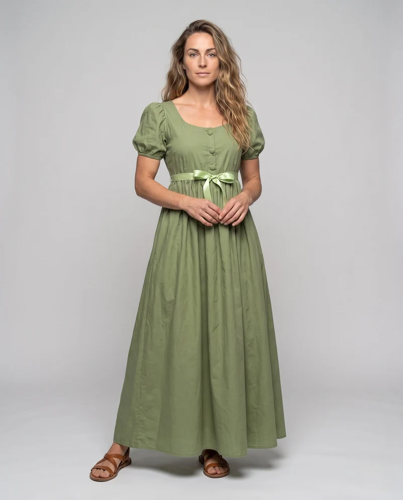 Frauen elegantes Maxi-Kleid mit Puffärmeln und passendem Gürtel Nord Taschen