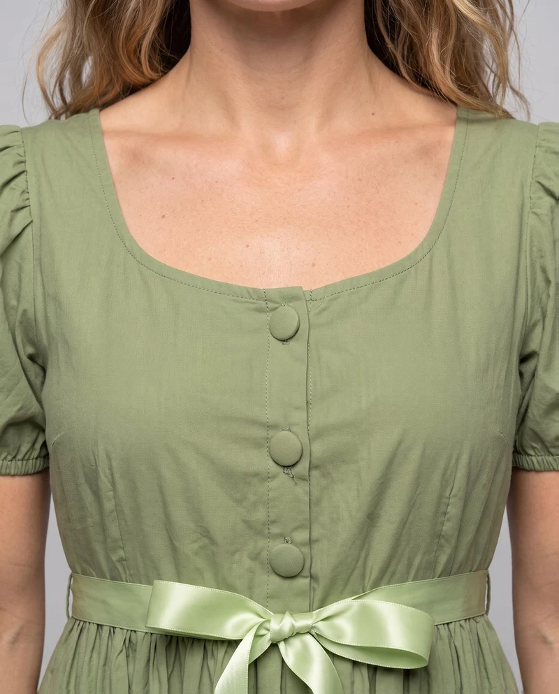 Frauen elegantes Maxi-Kleid mit Puffärmeln und passendem Gürtel Nord Taschen