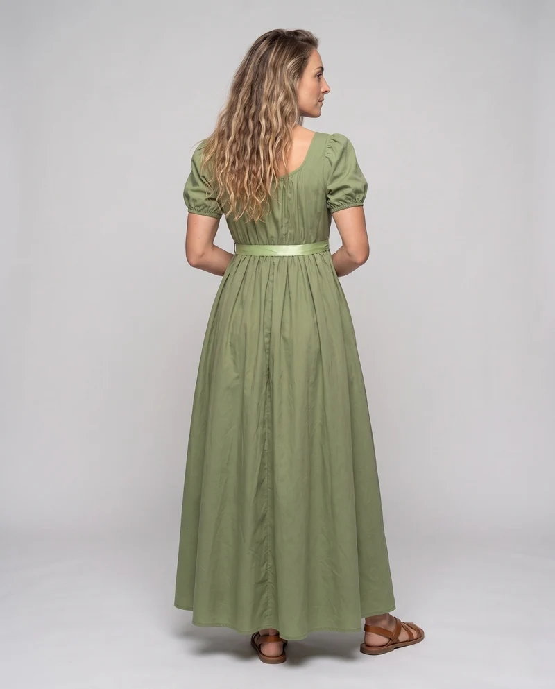 Frauen elegantes Maxi-Kleid mit Puffärmeln und passendem Gürtel Nord Taschen