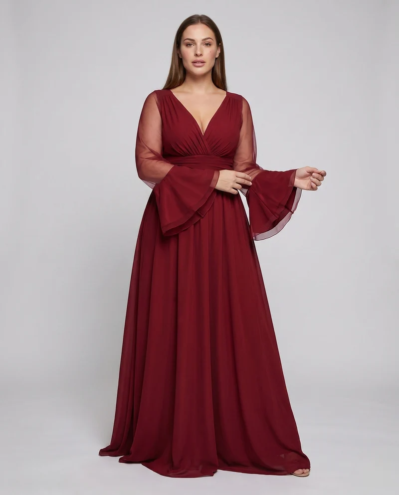 Frauen Elegante Maxikleid mit transparentem Ärmel Design und tiefem V-Ausschnitt Nord Taschen