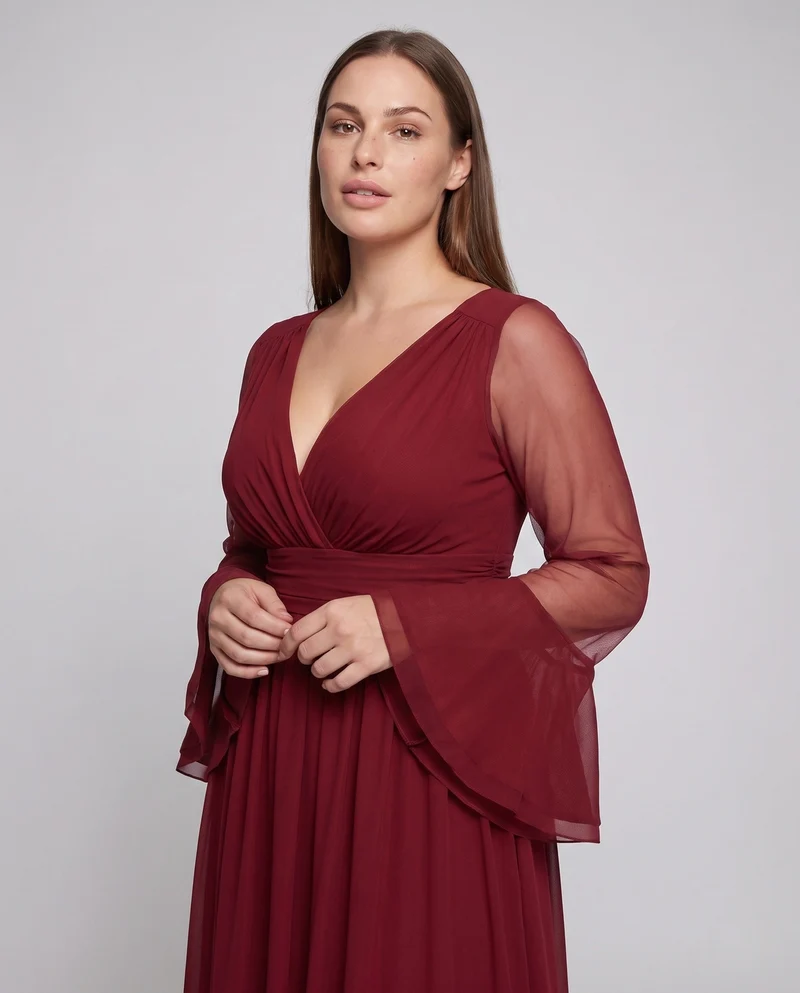 Frauen Elegante Maxikleid mit transparentem Ärmel Design und tiefem V-Ausschnitt Nord Taschen