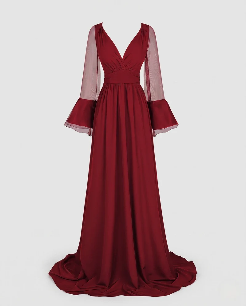 Frauen Elegante Maxikleid mit transparentem Ärmel Design und tiefem V-Ausschnitt Nord Taschen