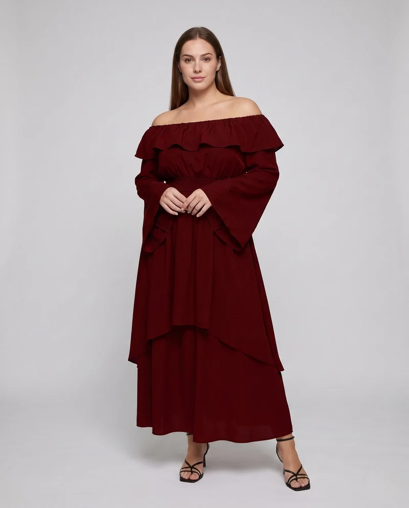 Damen elegantes Maxikleid mit weitem Ausschnitt und fließenden Ärmeln Nord Taschen
