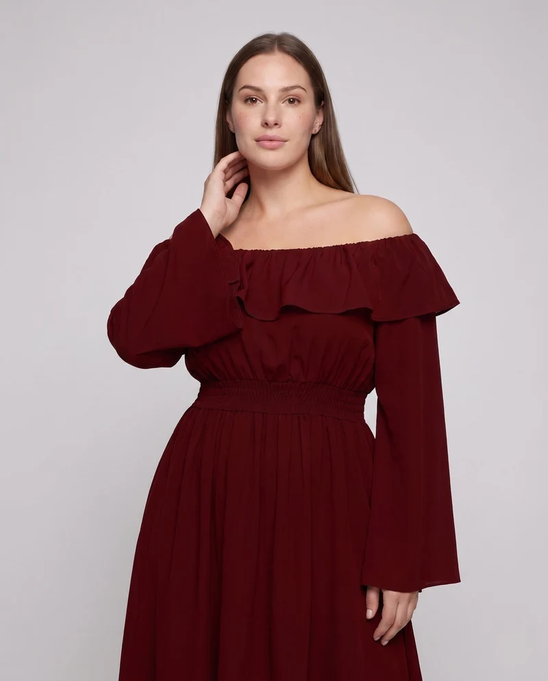 Damen elegantes Maxikleid mit weitem Ausschnitt und fließenden Ärmeln Nord Taschen