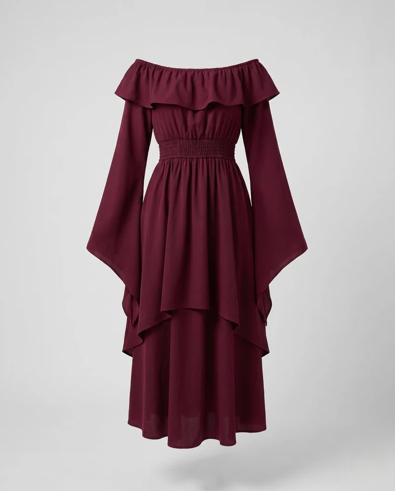 Damen elegantes Maxikleid mit weitem Ausschnitt und fließenden Ärmeln Nord Taschen