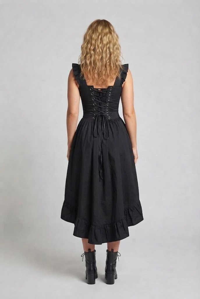 Frauen Elegantes Vintage Kleid mit Rüschen und Schnürung Nord Taschen