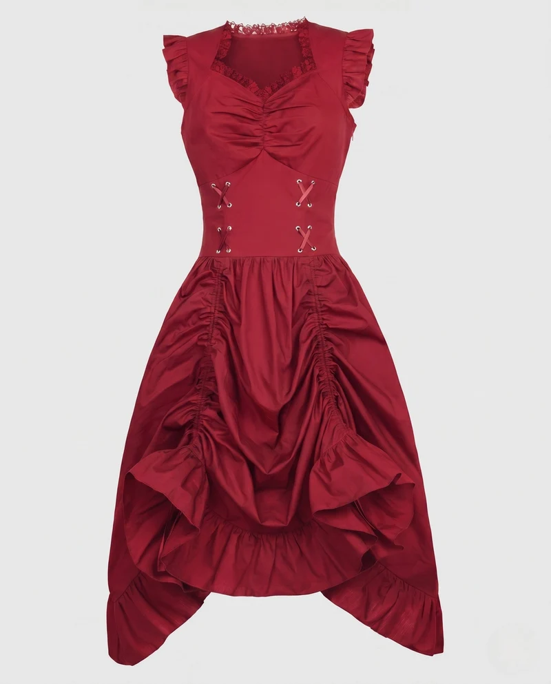 Frauen Elegantes Vintage Kleid mit Rüschen und Schnürung Nord Taschen