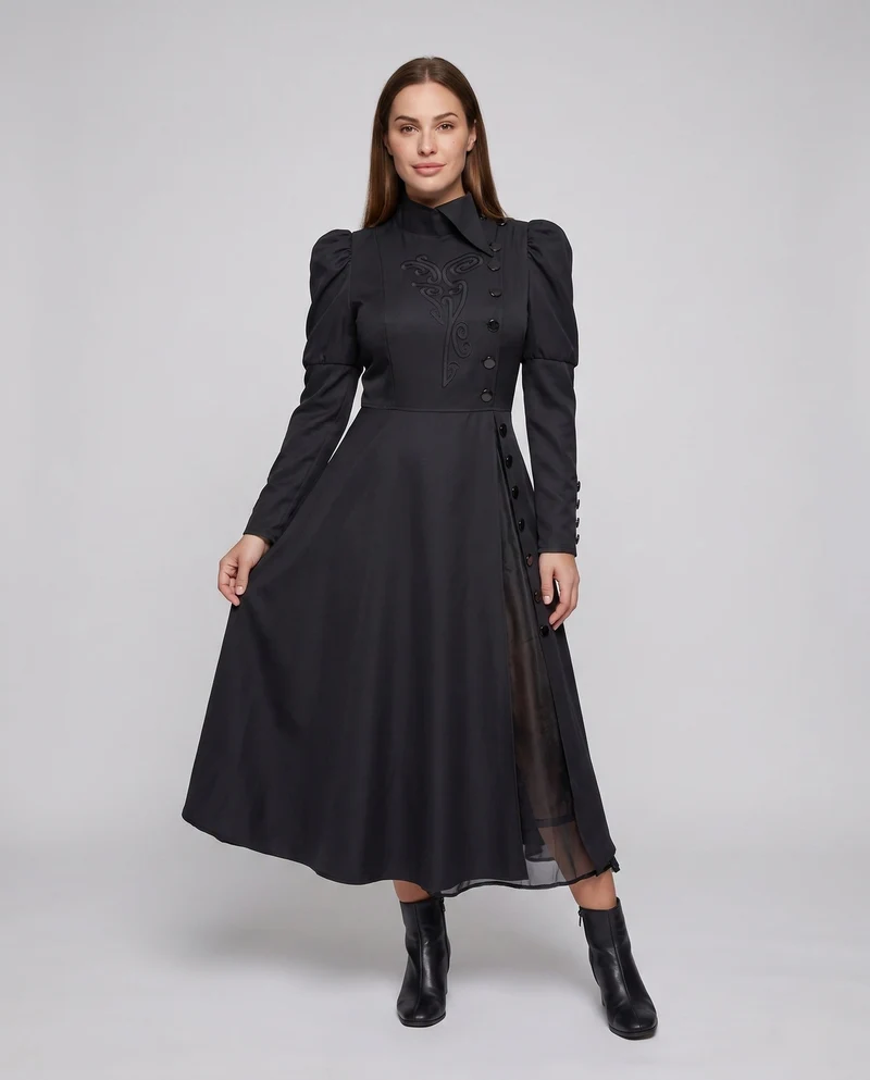 Damen elegante Vintage-Midi-Kleid mit innovativem Schnitt und aufwendigen Puffärmeln Nord Taschen