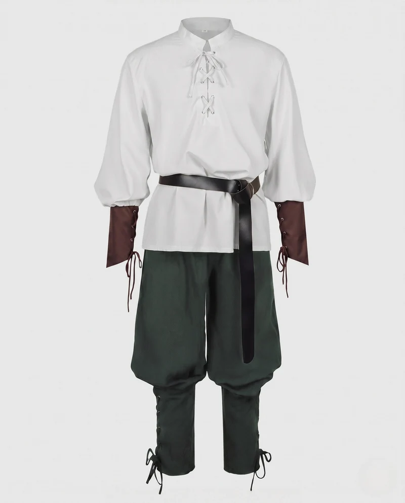 Damenhistorisches Kostümset mit eleganter geflochtener Bluse und weiten Hosen Nord Taschen