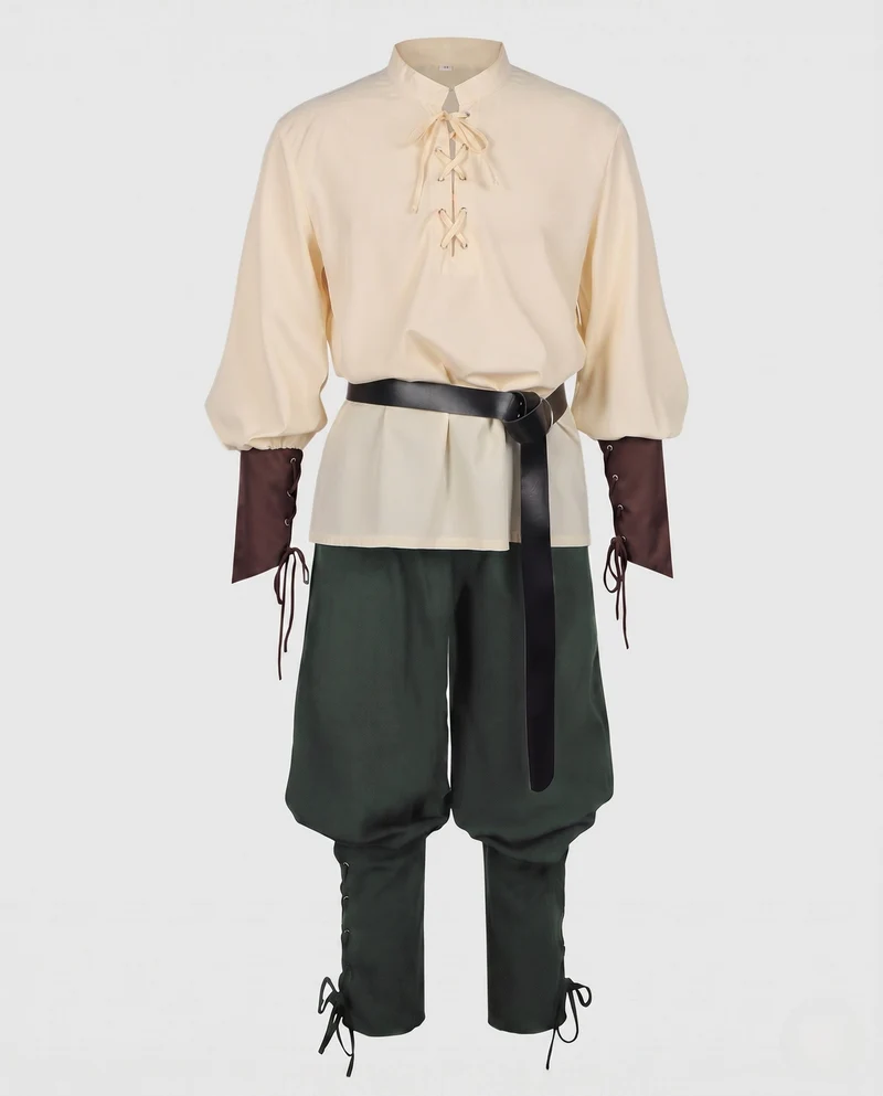 Damenhistorisches Kostümset mit eleganter geflochtener Bluse und weiten Hosen Nord Taschen