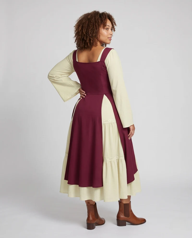Damen Langkleid mit künstlerischem Ausschnitt und nostalgischen Schnürdetails Nord Taschen