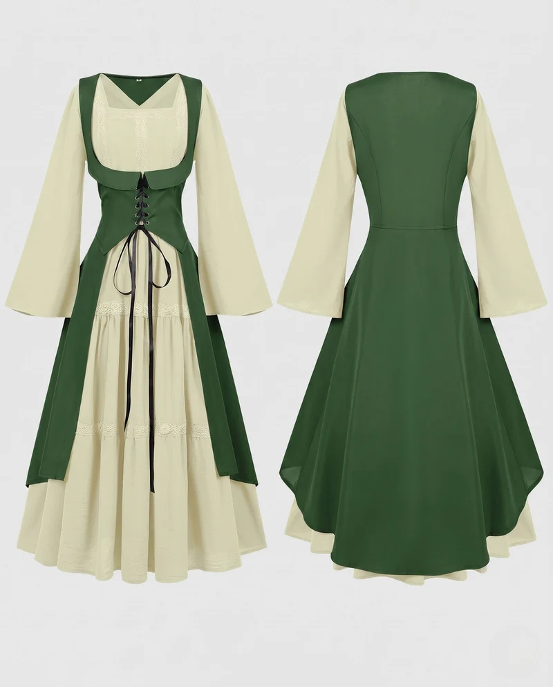 Damen Langkleid mit künstlerischem Ausschnitt und nostalgischen Schnürdetails Nord Taschen