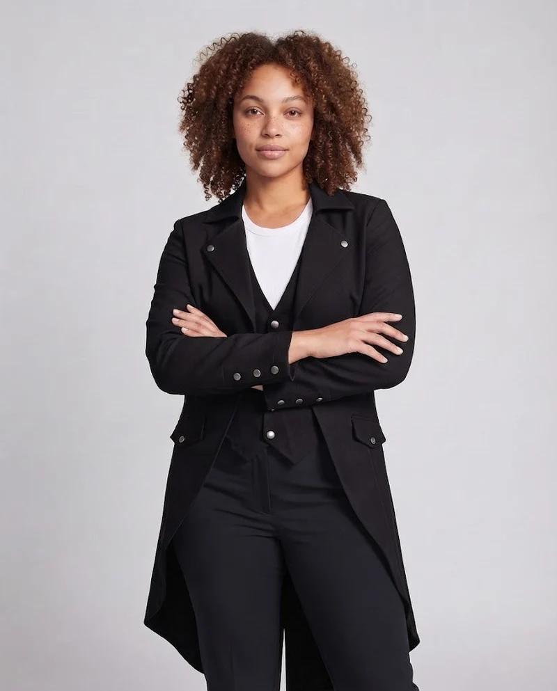 Damen Langmantel mit asymmetrischem Schnitt und aufwändigen Knopfdetails Nord Taschen