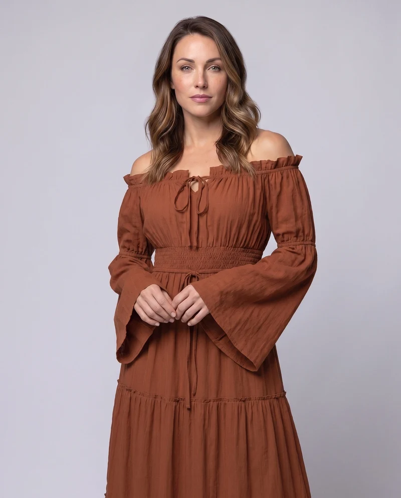 Damen Maxi Kleid mit luftigen Puffärmeln und elastischem Taillengürtel Nord Taschen