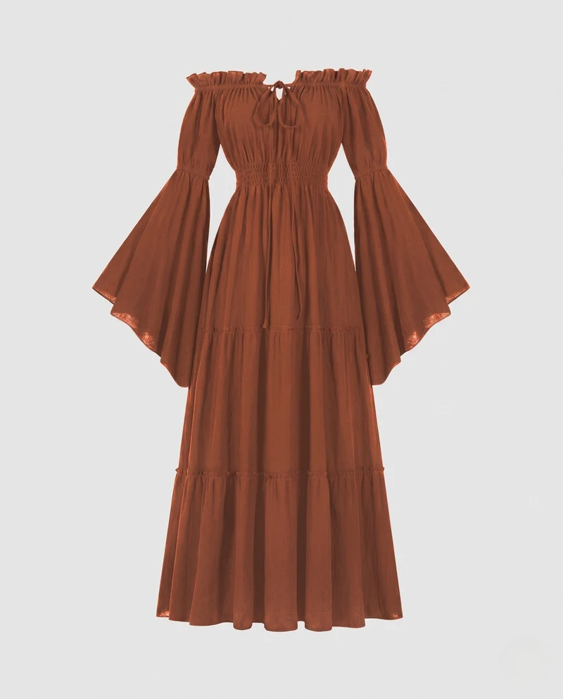 Damen Maxi Kleid mit luftigen Puffärmeln und elastischem Taillengürtel Nord Taschen