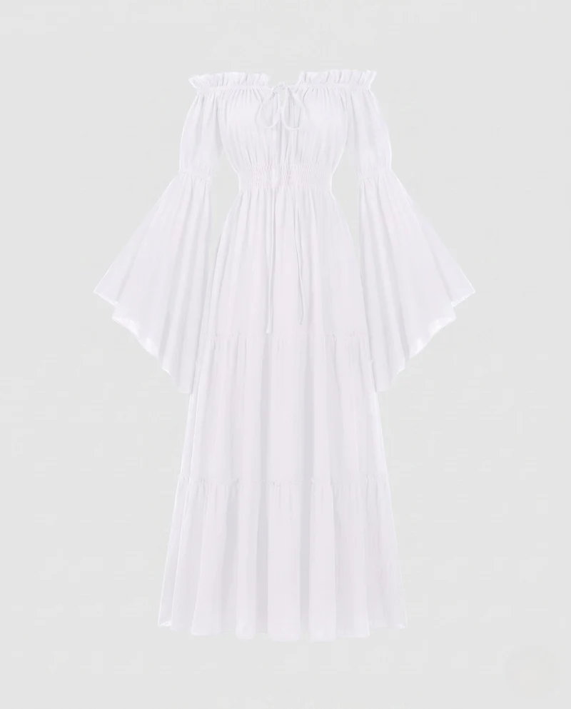 Damen Maxi Kleid mit luftigen Puffärmeln und elastischem Taillengürtel Nord Taschen