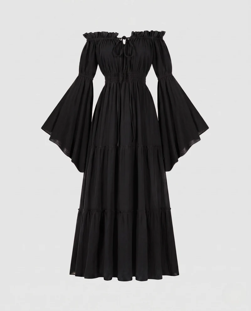 Damen Maxi Kleid mit luftigen Puffärmeln und elastischem Taillengürtel Nord Taschen