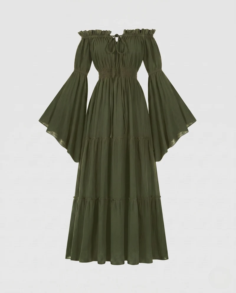 Damen Maxi Kleid mit luftigen Puffärmeln und elastischem Taillengürtel Nord Taschen