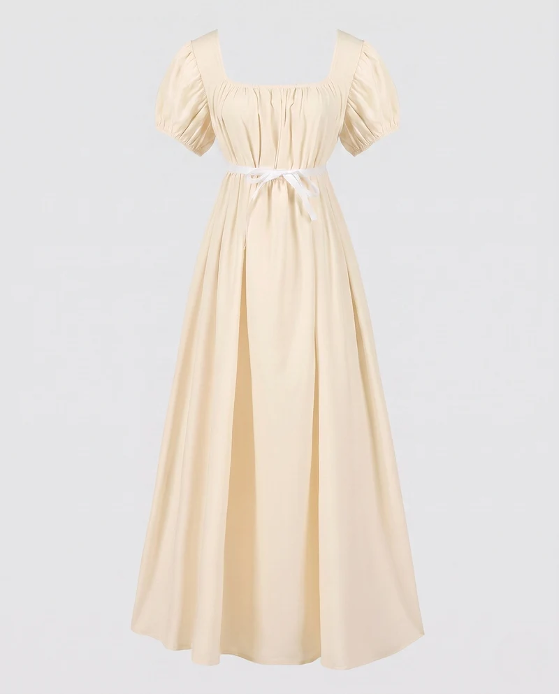 Damen Maxikleid mit elastischen Puffärmeln und verstellbarem Taillenbund Nord Taschen