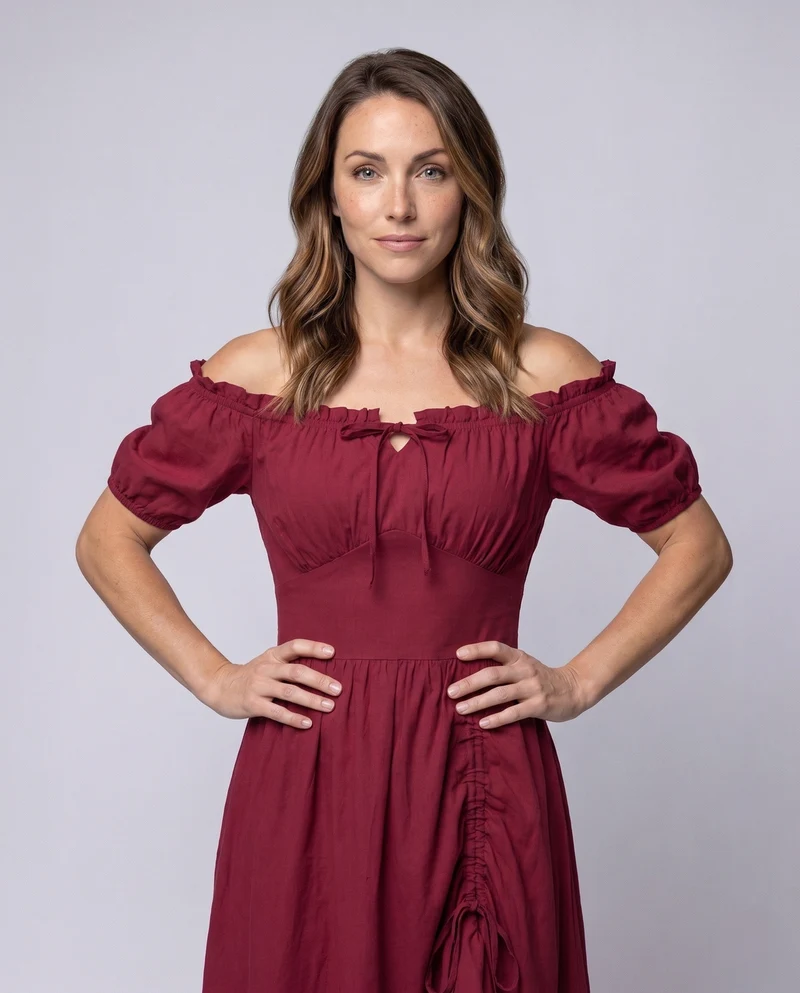 Damen Maxikleid mit schulterfreien Puffärmeln und Rüschendetails Nord Taschen