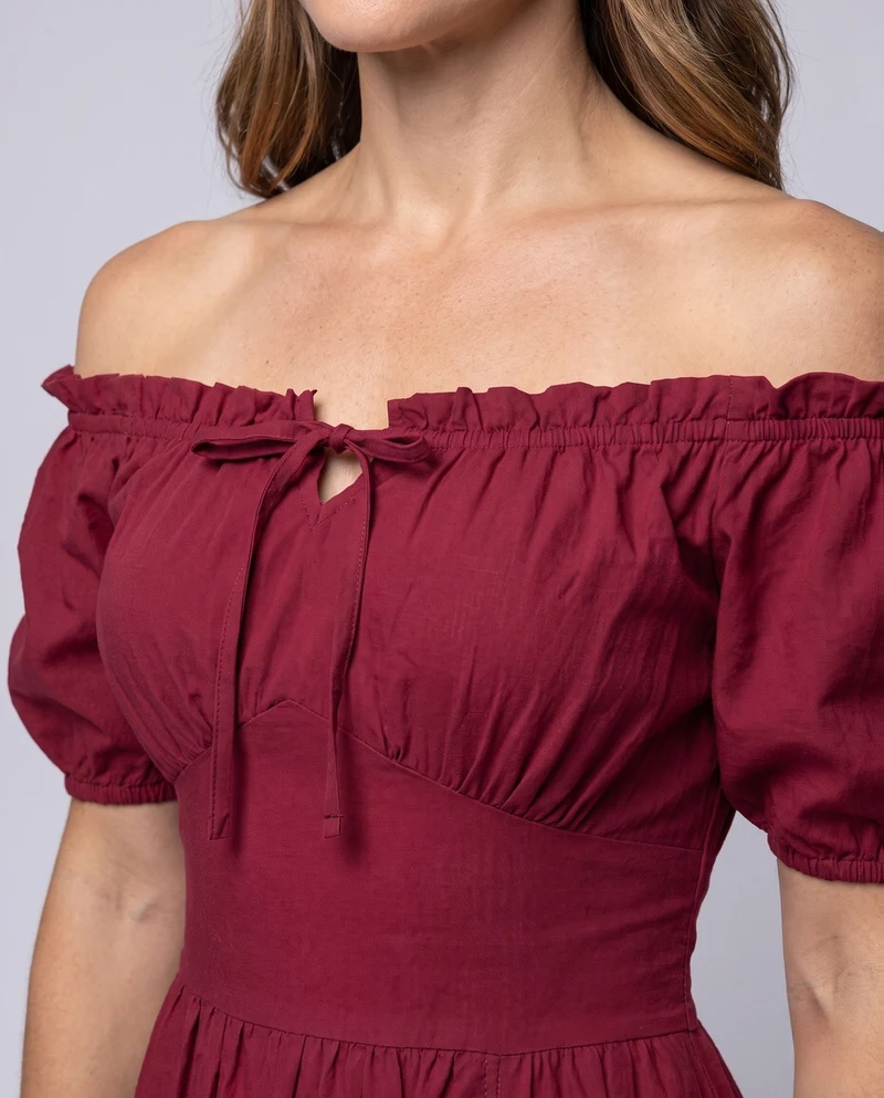 Damen Maxikleid mit schulterfreien Puffärmeln und Rüschendetails Nord Taschen