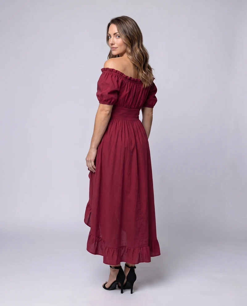 Damen Maxikleid mit schulterfreien Puffärmeln und Rüschendetails Nord Taschen