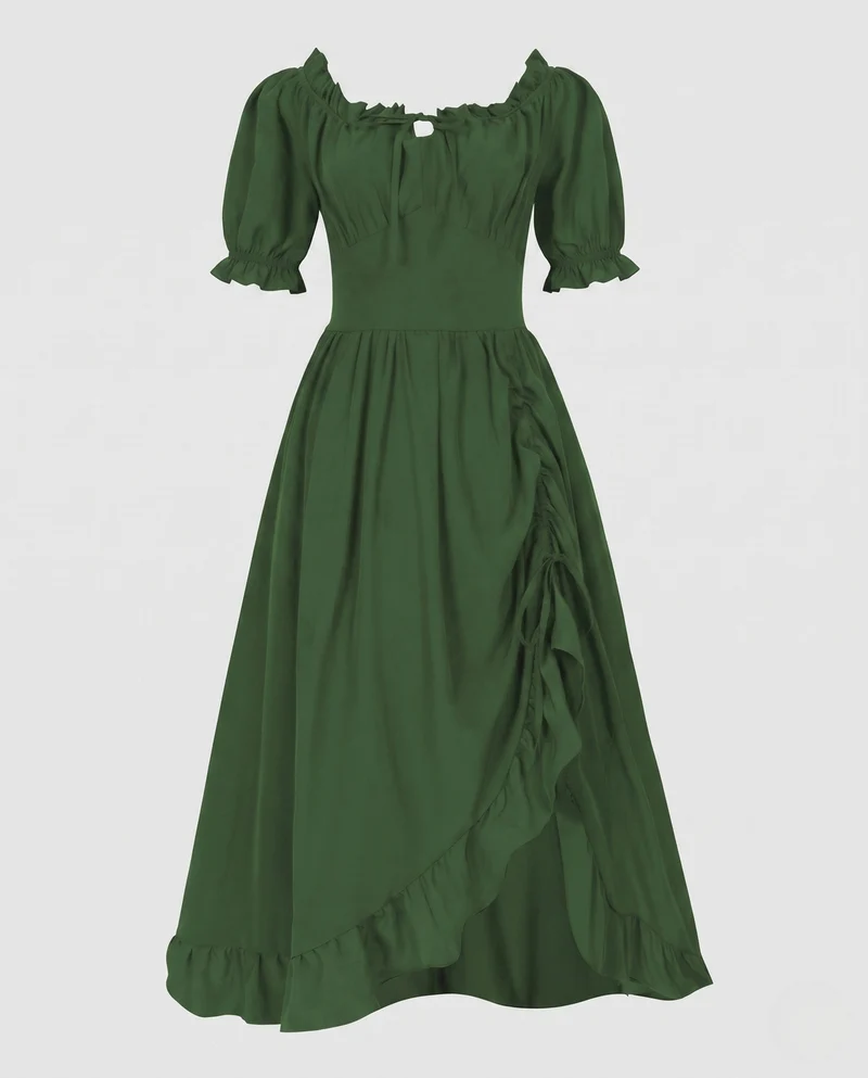 Damen Maxikleid mit schulterfreien Puffärmeln und Rüschendetails Nord Taschen