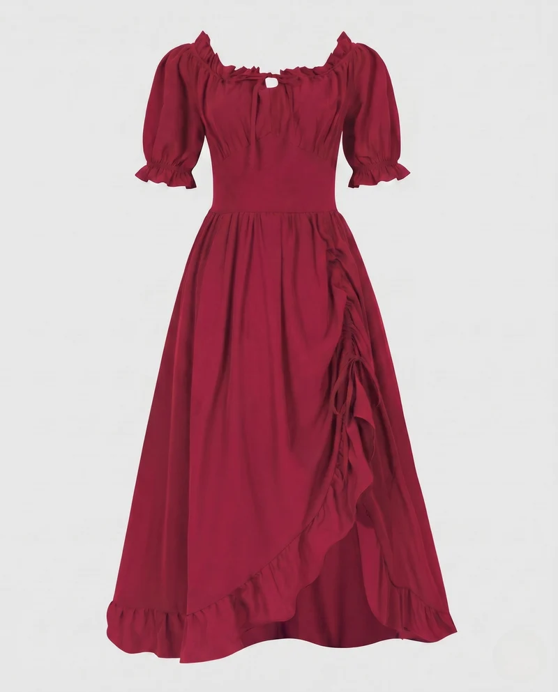 Damen Maxikleid mit schulterfreien Puffärmeln und Rüschendetails Nord Taschen