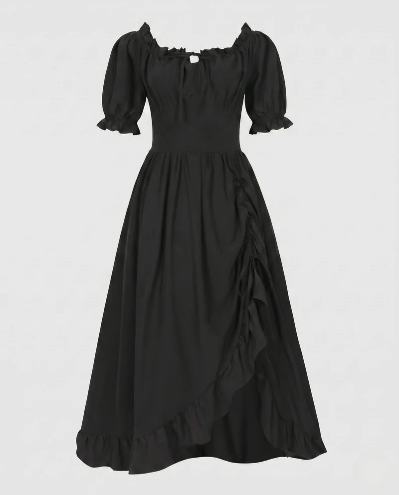 Damen Maxikleid mit schulterfreien Puffärmeln und Rüschendetails Nord Taschen