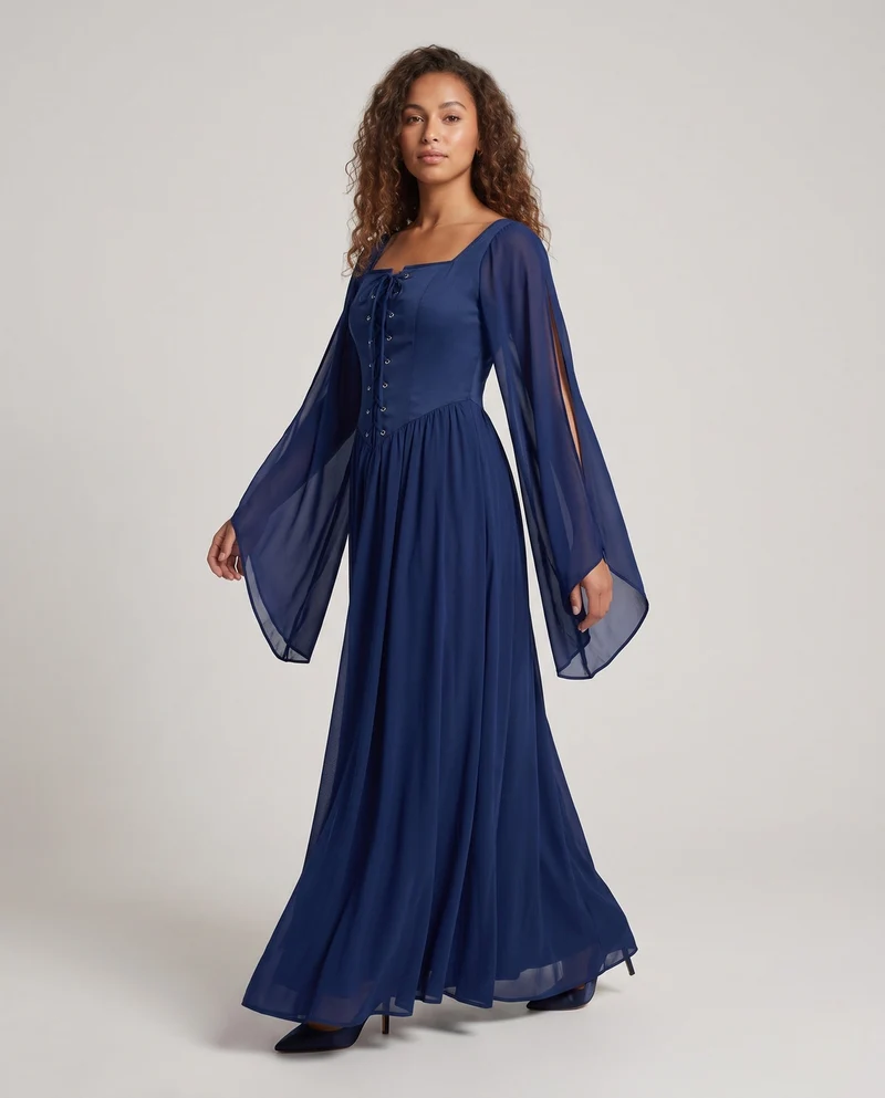 Damen Maxikleid mit transparenten Ärmeln und Schnürdetails Nord Taschen