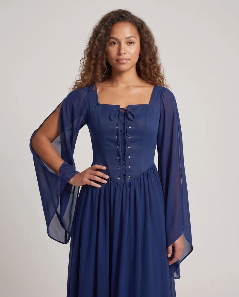 Damen Maxikleid mit transparenten Ärmeln und Schnürdetails Nord Taschen